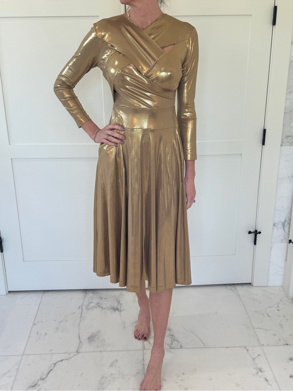 Norma Kamali Metallic Gold Long Sleeve Midi Dress size medium